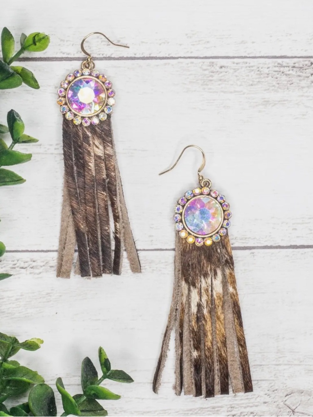 Brown Tassel Earrings with Iridescent Crystal Accent